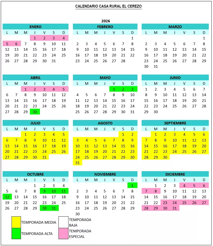 Calendario Casa Rural El Cerezo